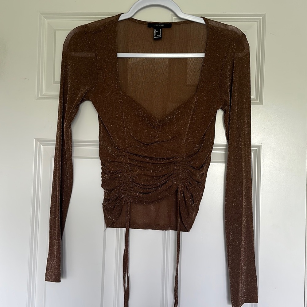 Brown glitter long sleeve mesh tie top